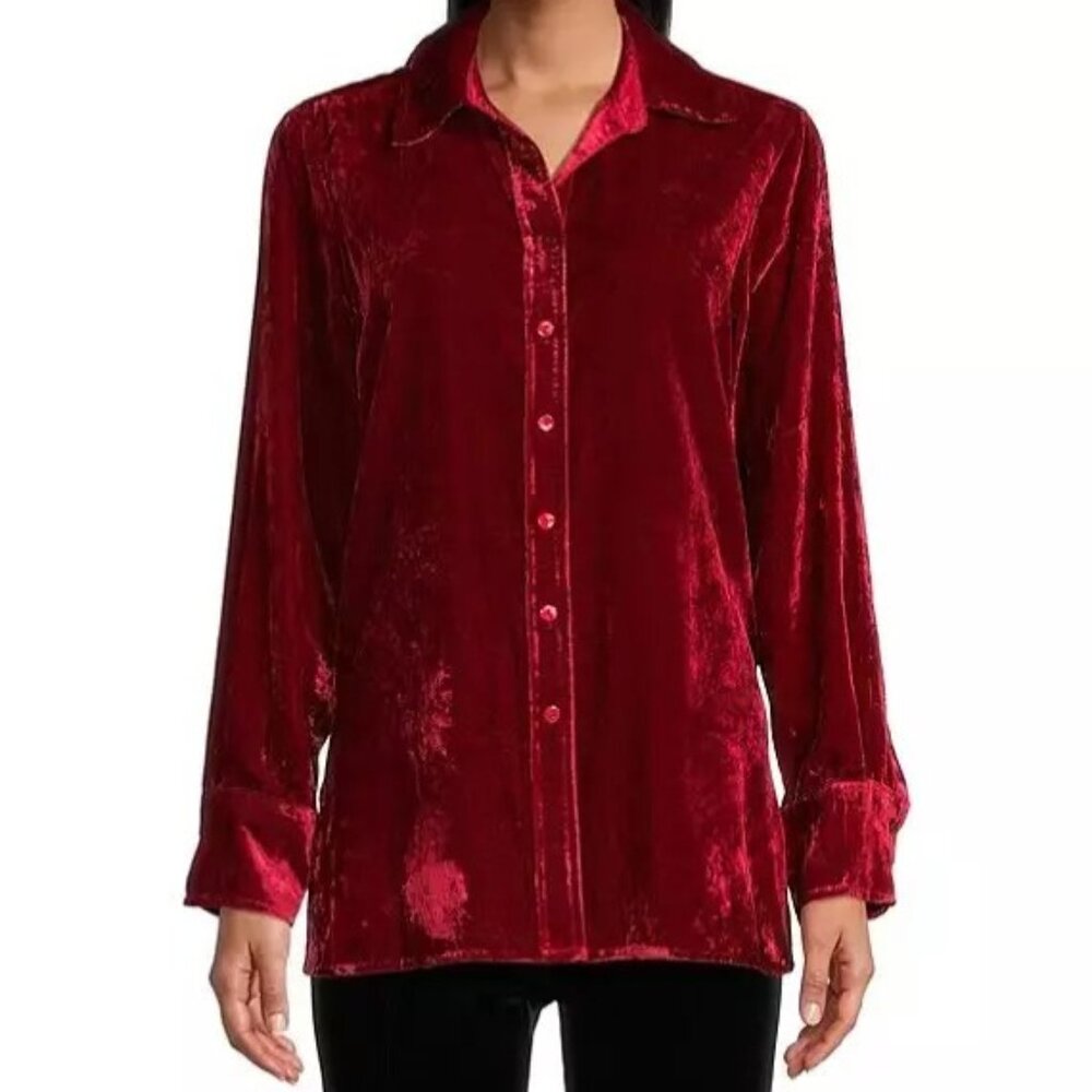 John Mark Red Crushed Velvet Button-Front Collared Tunic Top XL Festive Holiday